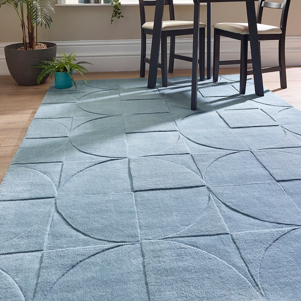 Penny Geometric Wool Rugs in Steel Blue